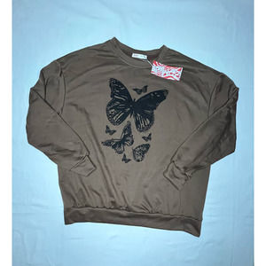 NWT Romwe Brown Light Weight Sweatshirt Long Sleeve Rich Brown with Butterfly M